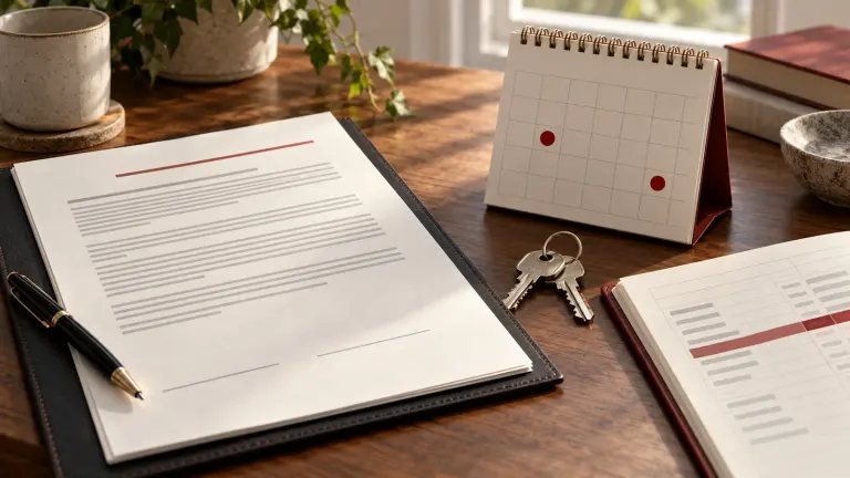 Fictional tenancy papers, a calendar, keys, and payment ledger arranged to compare the rent date with the tenancy start.
