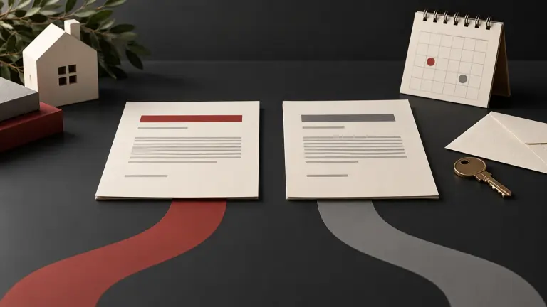 A fictional tenancy notice, calendar, envelope, and key arranged as two separate paper paths.