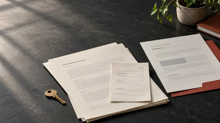 Tenancy paperwork, a deposit receipt and a separate scheme record arranged on a dark tabletop.