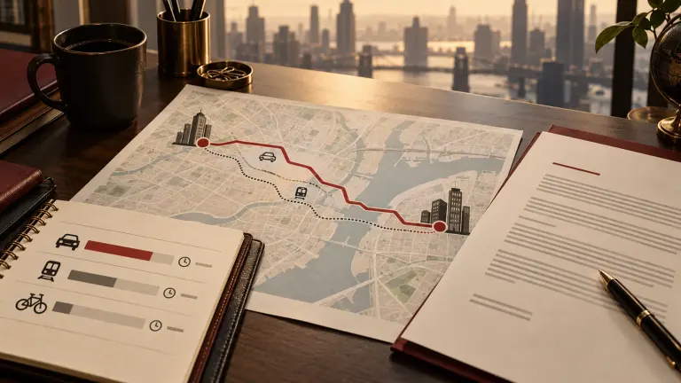 Fictional route map between two workplace locations beside a contract and commute notes.