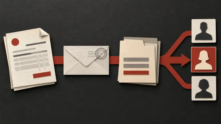 An ivory unpaid invoice, delivery-proof envelope and concise claim folder align along a measured brick-red path, with one branching question card for the correct debtor.