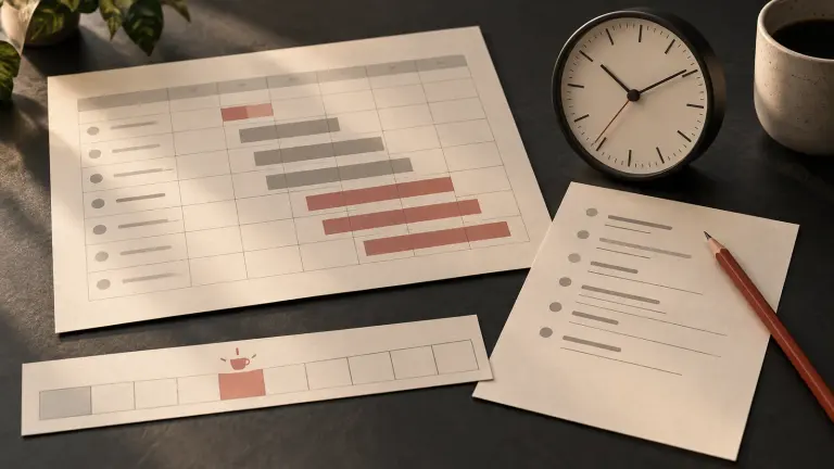 A fictional rota, time record and task sheet arranged to separate a short trial from productive work.