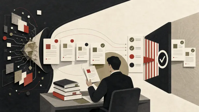 Editorial illustration of a reviewer testing AI results against verified legal sources
