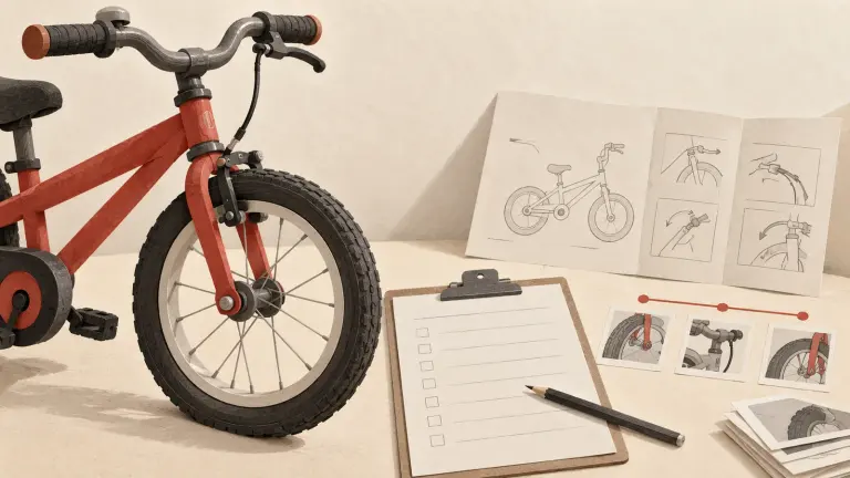 A bicycle wheel and handlebar beside a dated order record and assembly instructions, arranged as a product-fault evidence file.