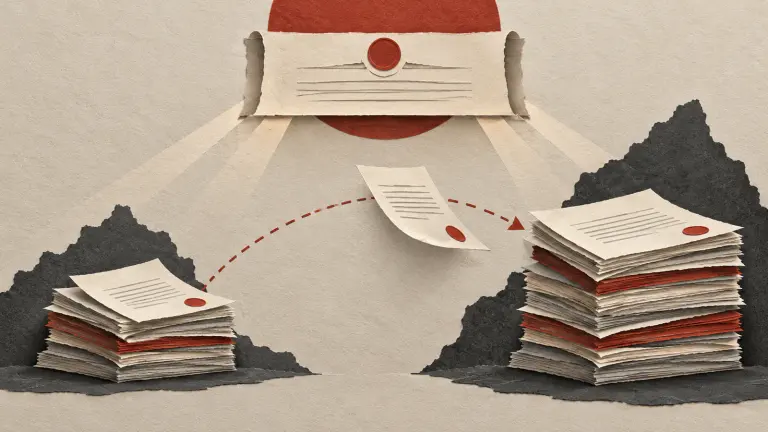 A judgment moving between regional case stacks beneath an overriding central authority.