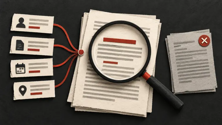Case-identity records converging on a matched judgment under a magnifying glass.