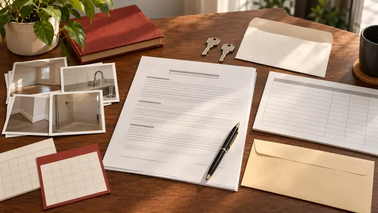 Fictional Florida rental move-out records, keys and an itemized deposit checklist.