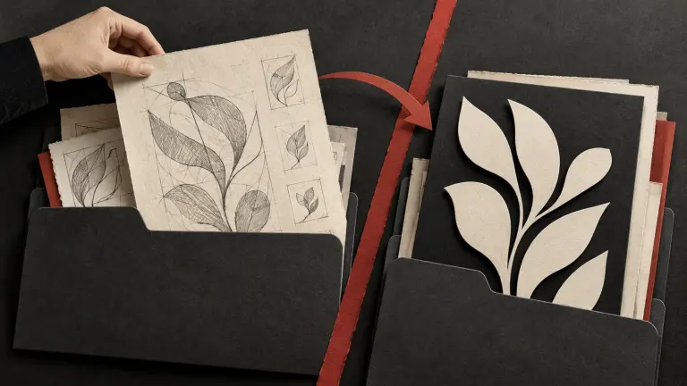 An unfinished ivory design sheet is withdrawn from one folder while a matching cut-paper pattern appears in another