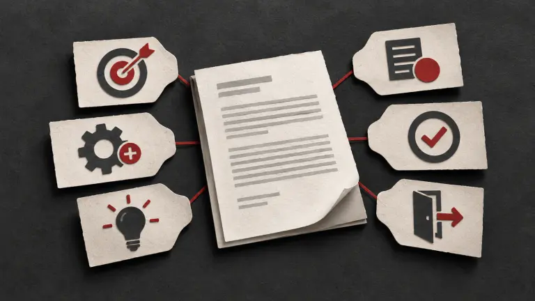 A freelance agreement surrounded by six tabs for the key terms to agree before starting work.