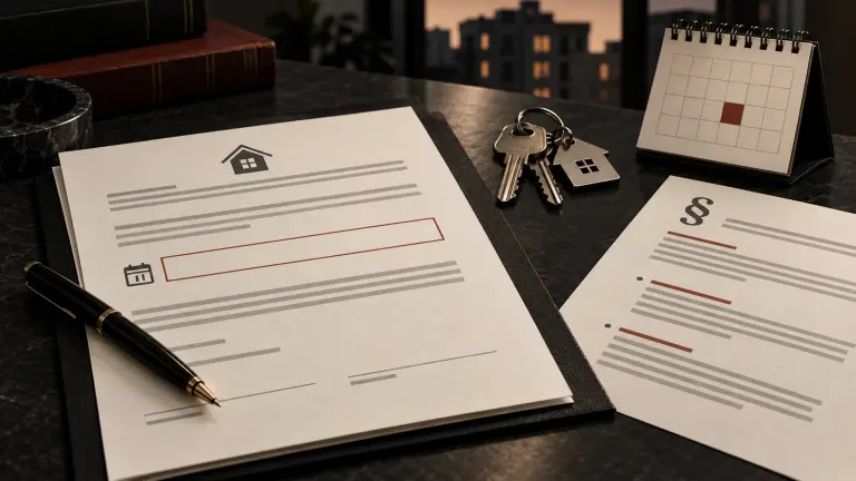 Fictional rental agreement, keys, and calendar beside a separate exit-clause page.