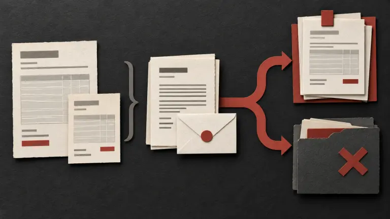 An ivory original invoice and smaller revised invoice are reconciled beside acceptance correspondence