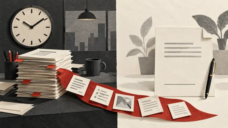 A paper worksite desk with a fixed-hours clock and instruction stack is compared against a blank freelancer contract label