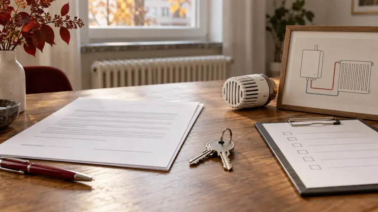 A rental handover desk with keys, an inspection checklist, a radiator thermostat and an unlabelled heating diagram.