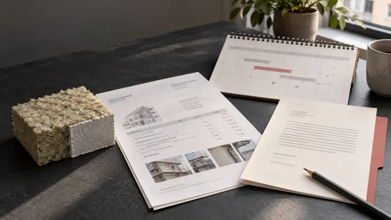 An insulation sample, building-maintenance papers and calendar arranged for a rent-increase review.