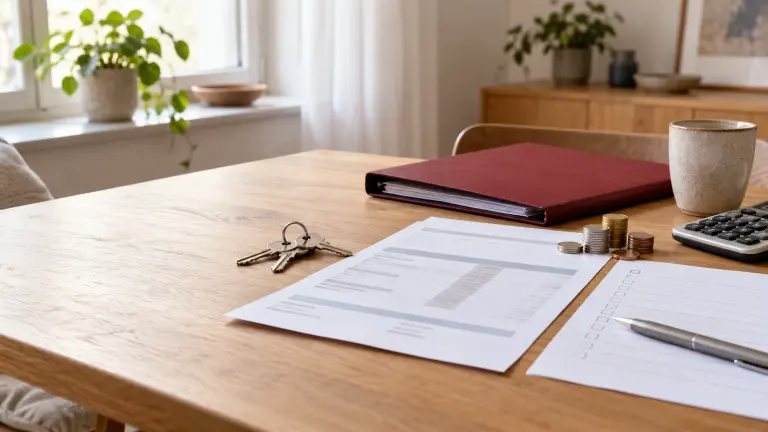 Apartment keys, a handover checklist and an unmarked utility statement arranged on a table.