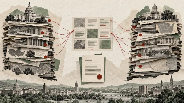 Two branching stacks of legal sources converging into a reviewed document grid and approved memorandum