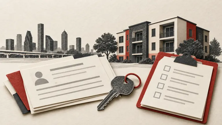 A rental application, screening checklist, and house key arranged as a renter reviews application criteria.