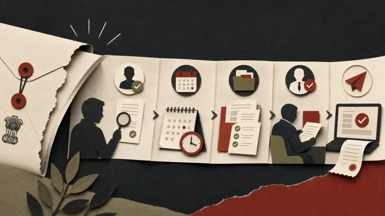Editorial illustration of an Indian tax notice moving through an organized response workflow
