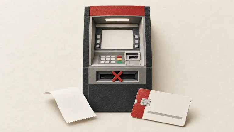 A paper-cut ATM with an empty cash slot, debit card and receipt illustrates a failed withdrawal.