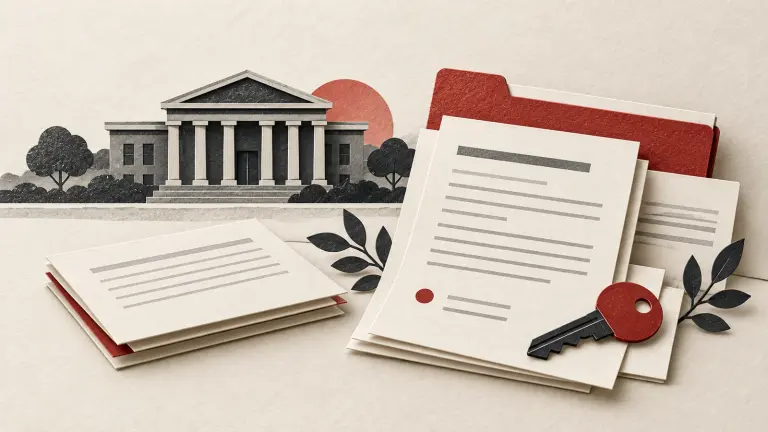 A generic bank building, blank claim folder and account key are arranged on layered charcoal and ivory paper.