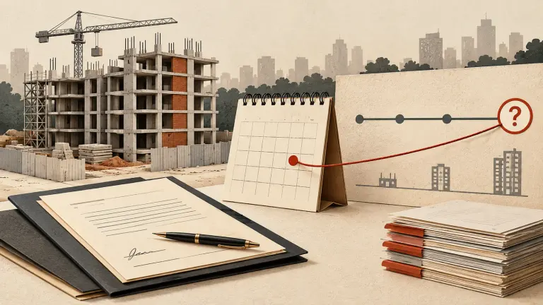 An unfinished construction site, agreement and calendar linked to a handover-date question.