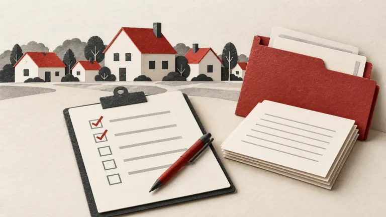 Paper houses behind a blank census questionnaire, checklist, and file folder, illustrating how to verify a Census 2027 form