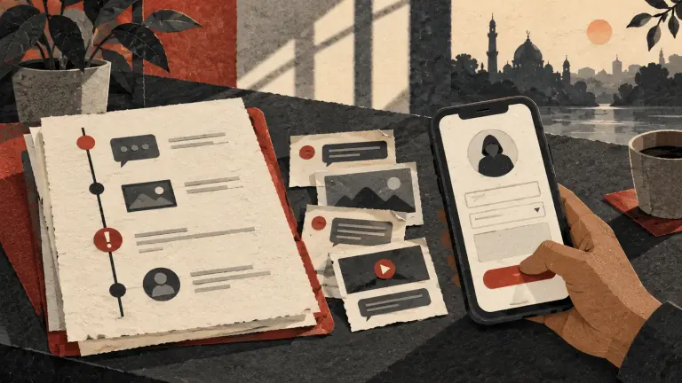 A dated incident timeline, preserved messages and an online report form arranged as a calm cut-paper illustration.