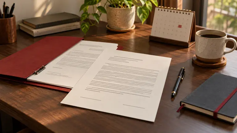 Unsigned employment papers, a closed pen and a calendar arranged for a careful review.
