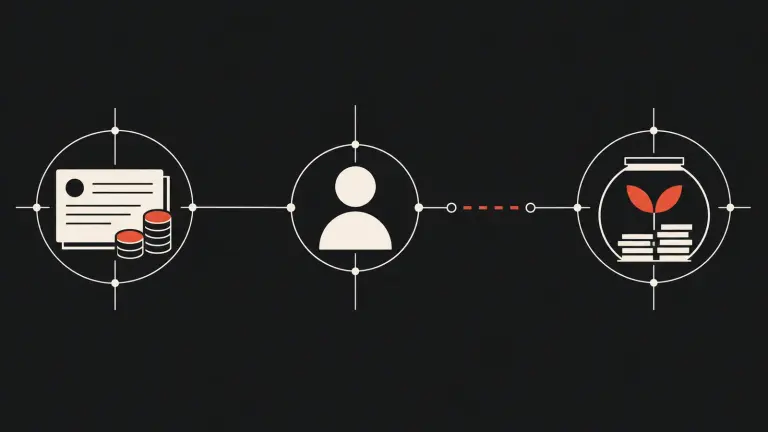 A payroll record, member symbol and provident fund balance connect along a route with a missing link.