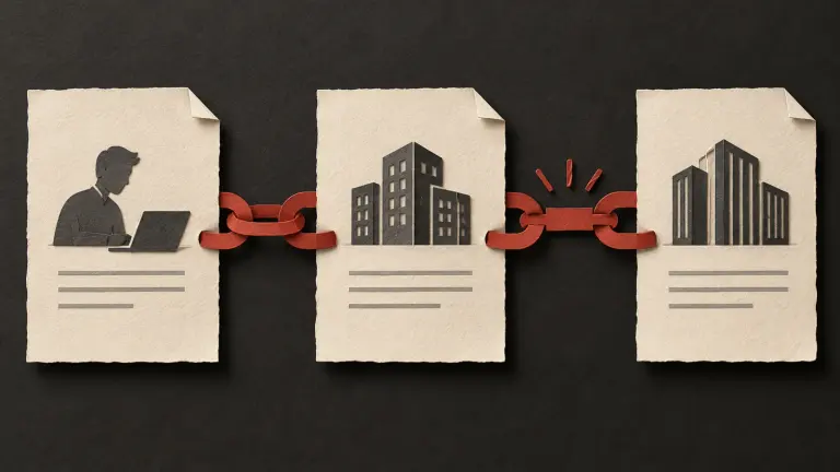 Three document folios joined in sequence to represent an engineer, employer of record and client IP assignment chain.