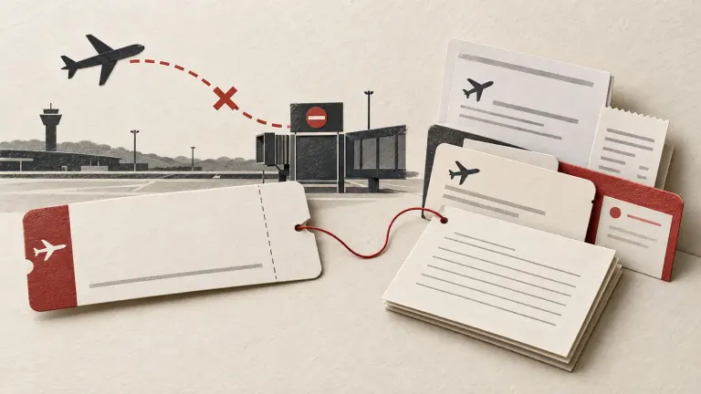 A cancelled boarding pass and route line sit beside organized ticket, payment and grievance records connected by a red thread.