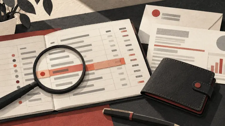 A paper bank ledger with one transaction held by a red band beside a closed wallet and bank letter.