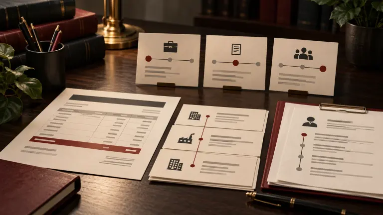Fictional payslip and employment records arranged along a service timeline.