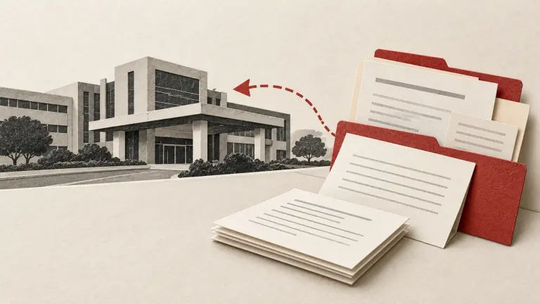 An unmarked hospital building stands behind a folder and blank, lined documents, illustrating a request for medical-record copies.