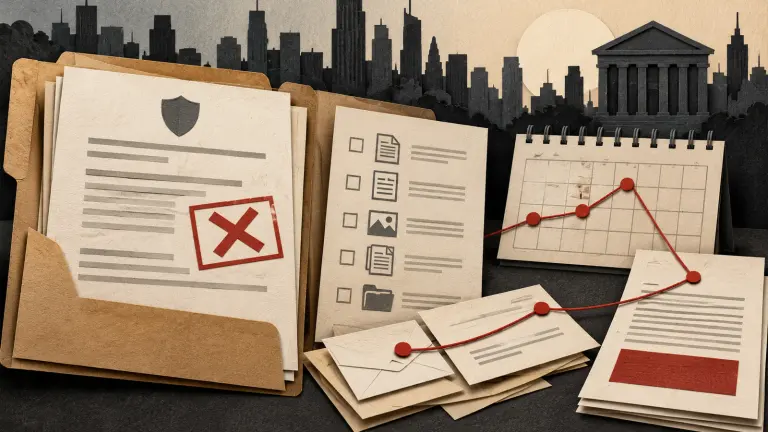 A rejection-marked policy, evidence checklist and calendar linked by a red thread, with a city silhouette and columned building behind them.