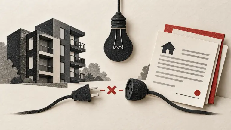 An apartment building and unlit bulb beside a disconnected plug and tenancy papers illustrate a tenant tracing a power interruption.