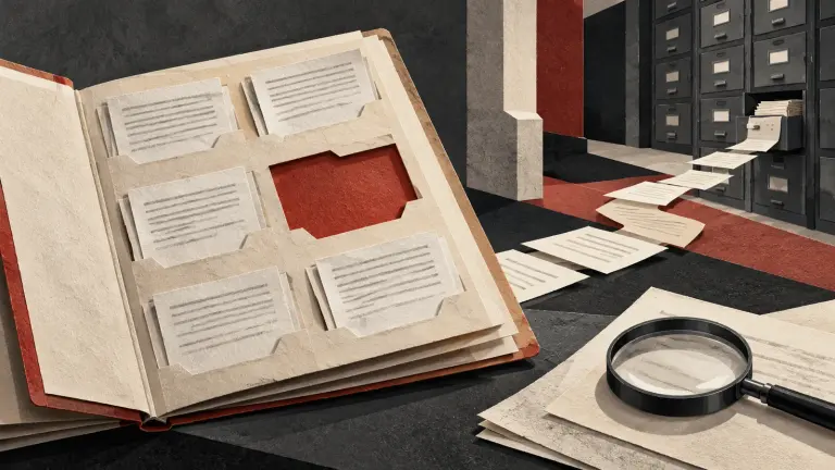 An open archival folder has one empty document slot beside a paper path leading to a registry cabinet