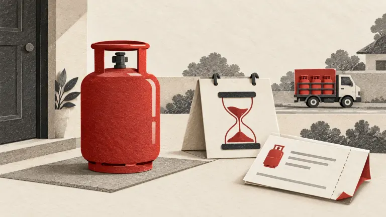 A delivery receipt and hourglass sit beside a small truck and LPG cylinder, illustrating a delayed home refill.