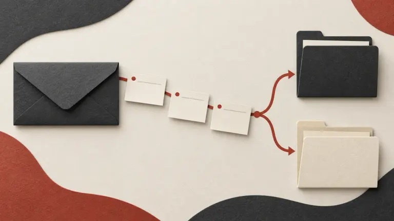 A closed charcoal envelope leads through blank date cards to two folders along branching paths