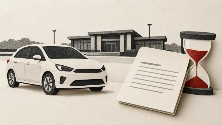 A compact car waits beside a blank vehicle document and an hourglass, illustrating the difference between registration processing and document delivery.