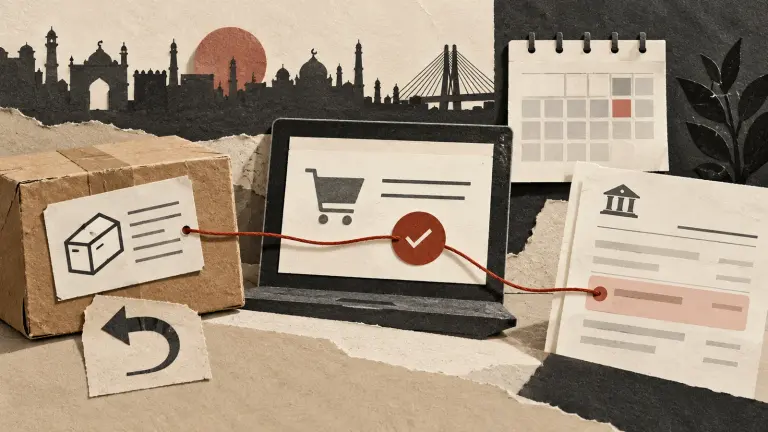 A returned parcel, laptop purchase confirmation, bank statement and calendar sit beneath a faint skyline, connected by a brick-red thread showing a refund still pending.