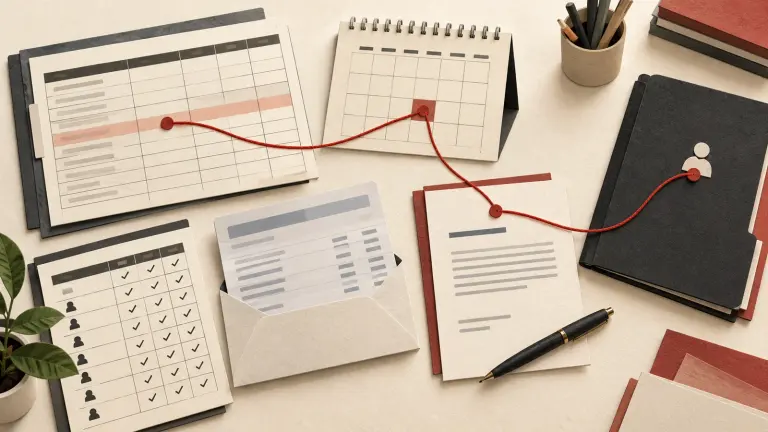 A payroll ledger and calendar linked by a red thread to a written payment request.