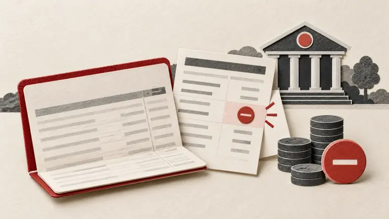 An open passbook and bank statement beside small coin stacks, with a quiet bank facade in the distance.