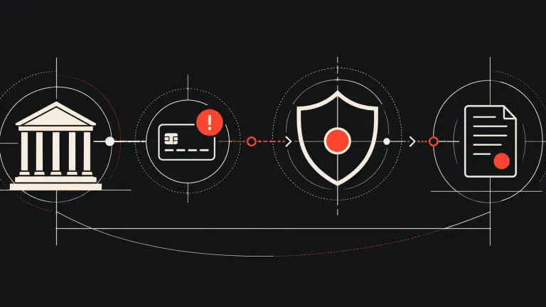 A bank, flagged payment card, shield and complaint record connect along a reporting route.