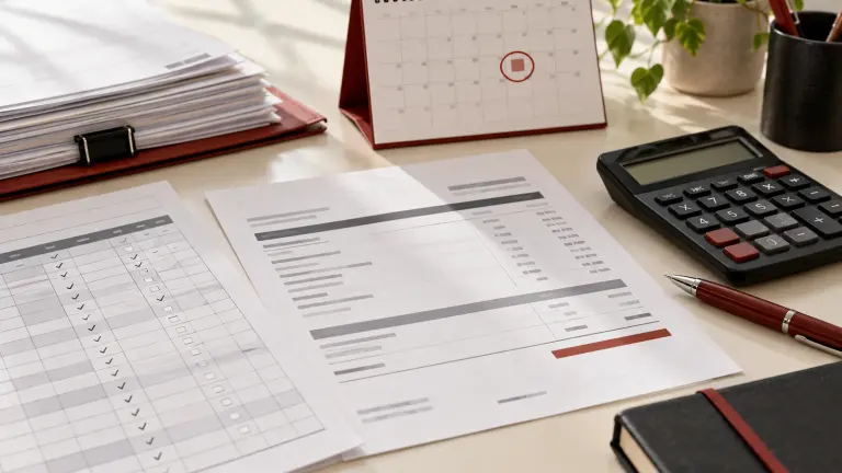 Fictional payroll records, calendar and calculator arranged for a wage reconciliation.
