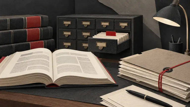 A research desk with official judgment volumes, an index cabinet and case records.