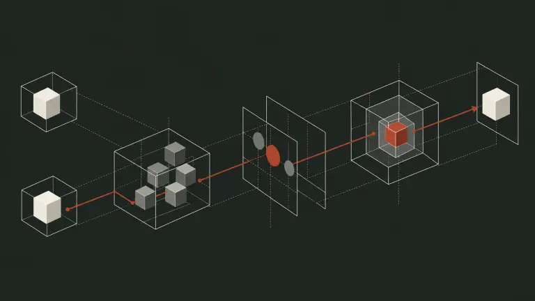 Abstract architectural illustration showing one source marker separate from a proposition and another connected through layered contextual frames by a restrained red path.