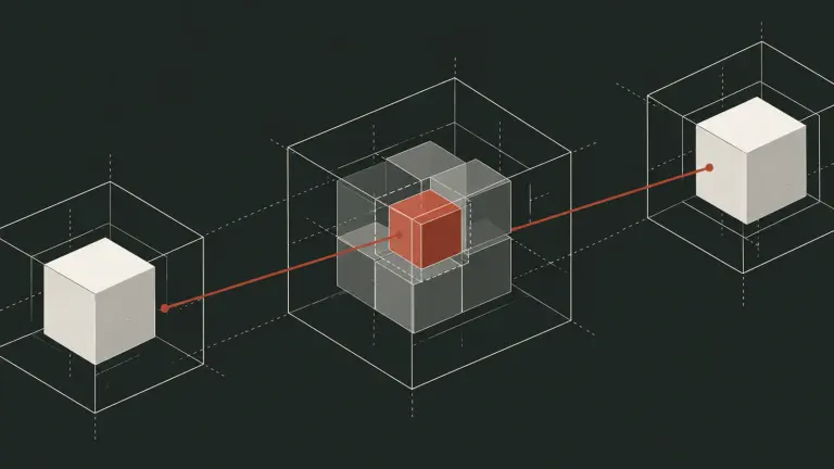 Abstract architectural illustration of a source form, a bounded brick-red inset within a larger outline, and an aligned final form connected by a restrained red line.