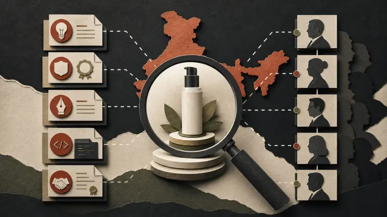Editorial illustration connecting intellectual property assets to an Indian acquisition target