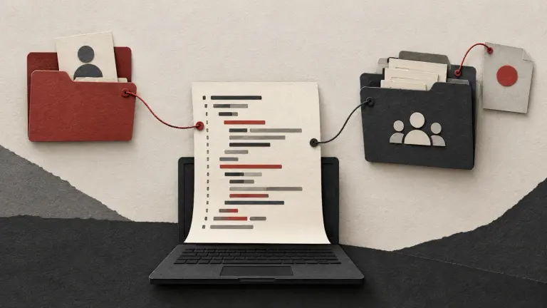 An abstract code sheet between personal and company folders, showing why authorship, ownership and handover are separate questions.